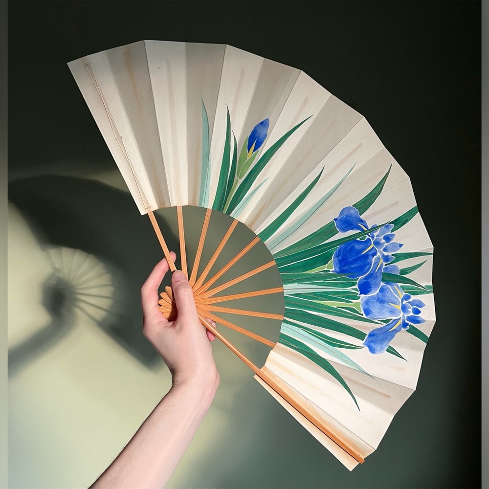 Vintage Iris Fan, Authentic Japanese Folding Fan, Painted Floral Hand Fan